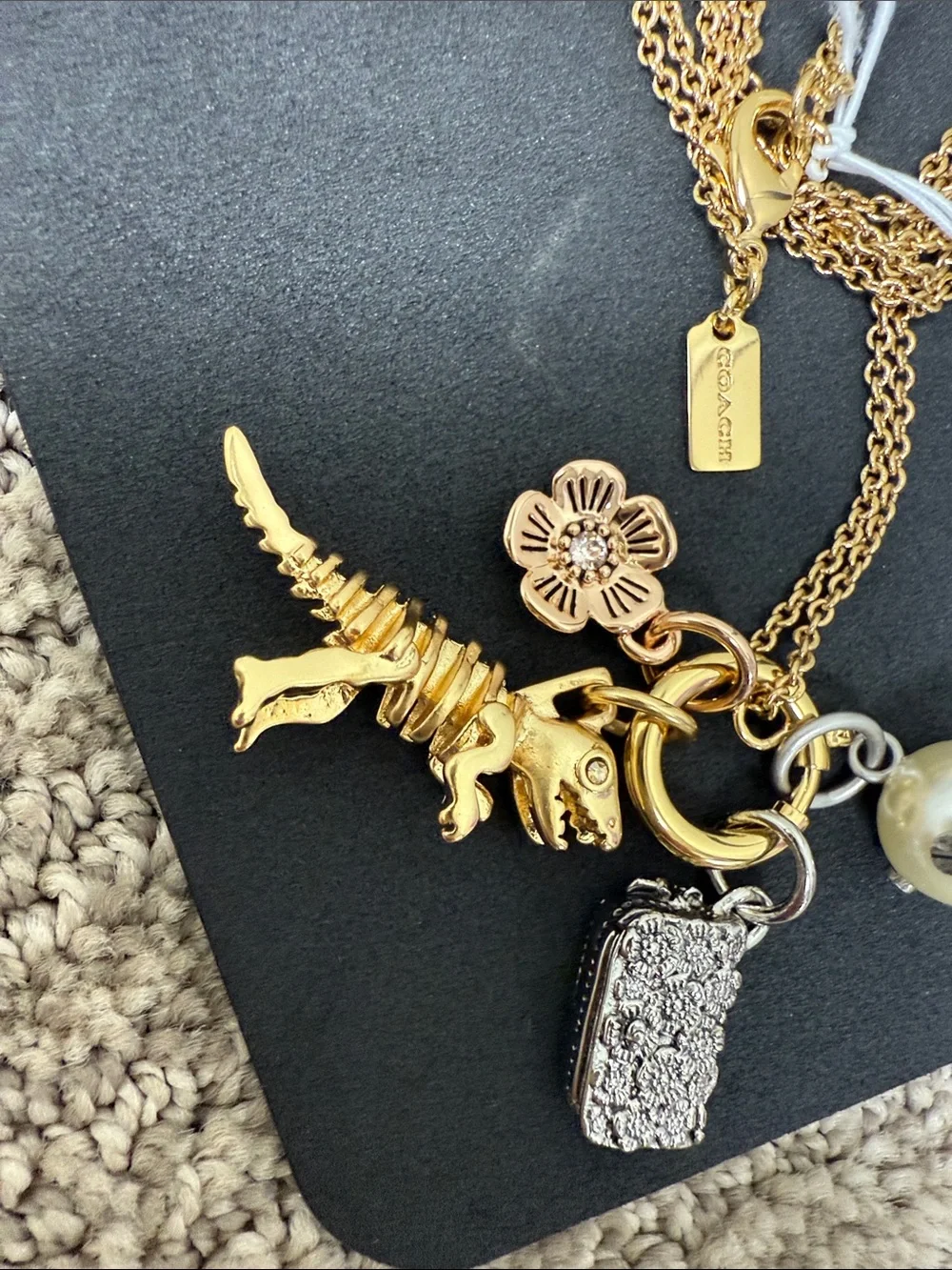 Rare COACH Rexy Gold-Tone Multi-Charm Necklace with Rexy, Pearl & Floral Charms